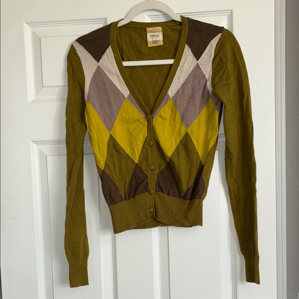 Fossil Argyle Cardigan - Olive, Yellow, and Brown